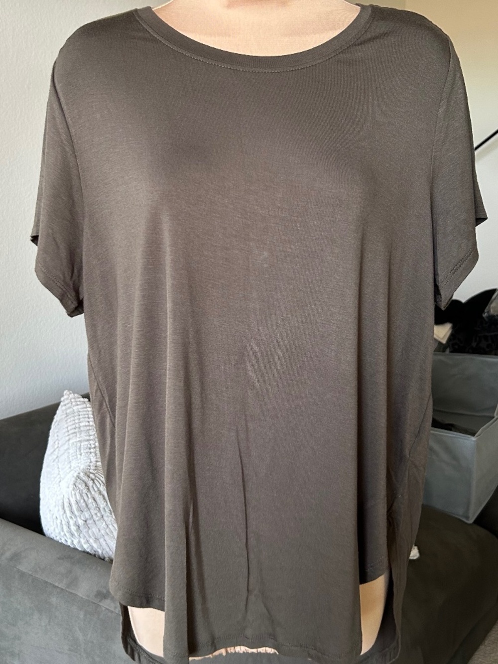 HALOGEN Hi-Lo Curved Hem Crew Neck Olive Green Tee